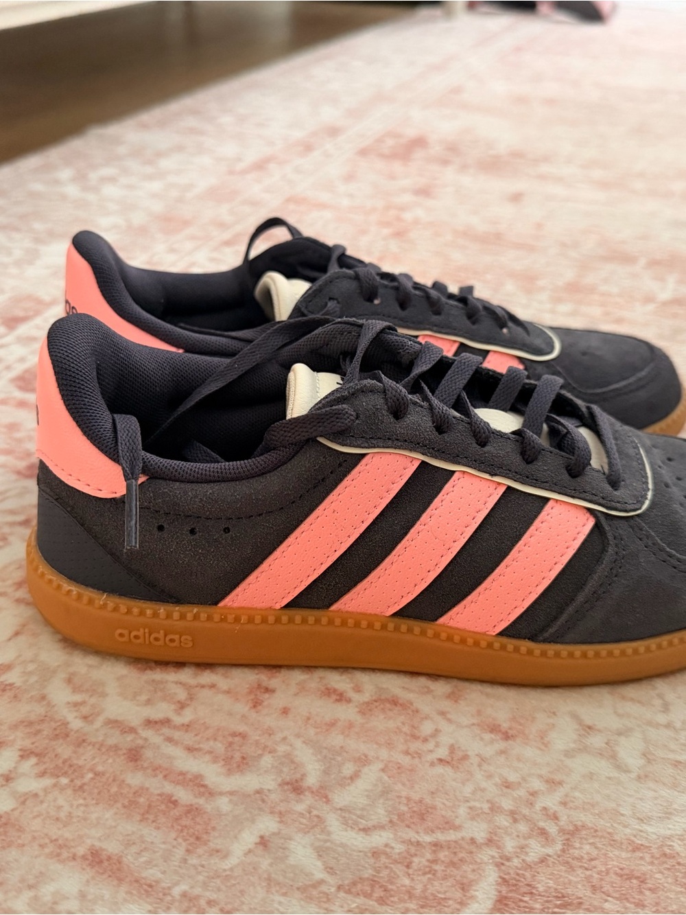 Adidas Women's Navy Sneakers with Pink Stripes and Gum Sole
